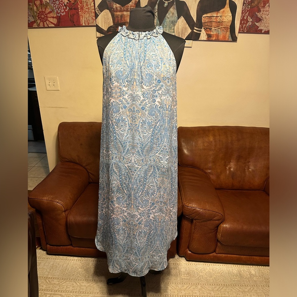 RAMY BROOK PAISLEY PRINT CHIFFON TURQUOISE BLUE MIDI DRESS SIZE S/P NO WAIST TIE